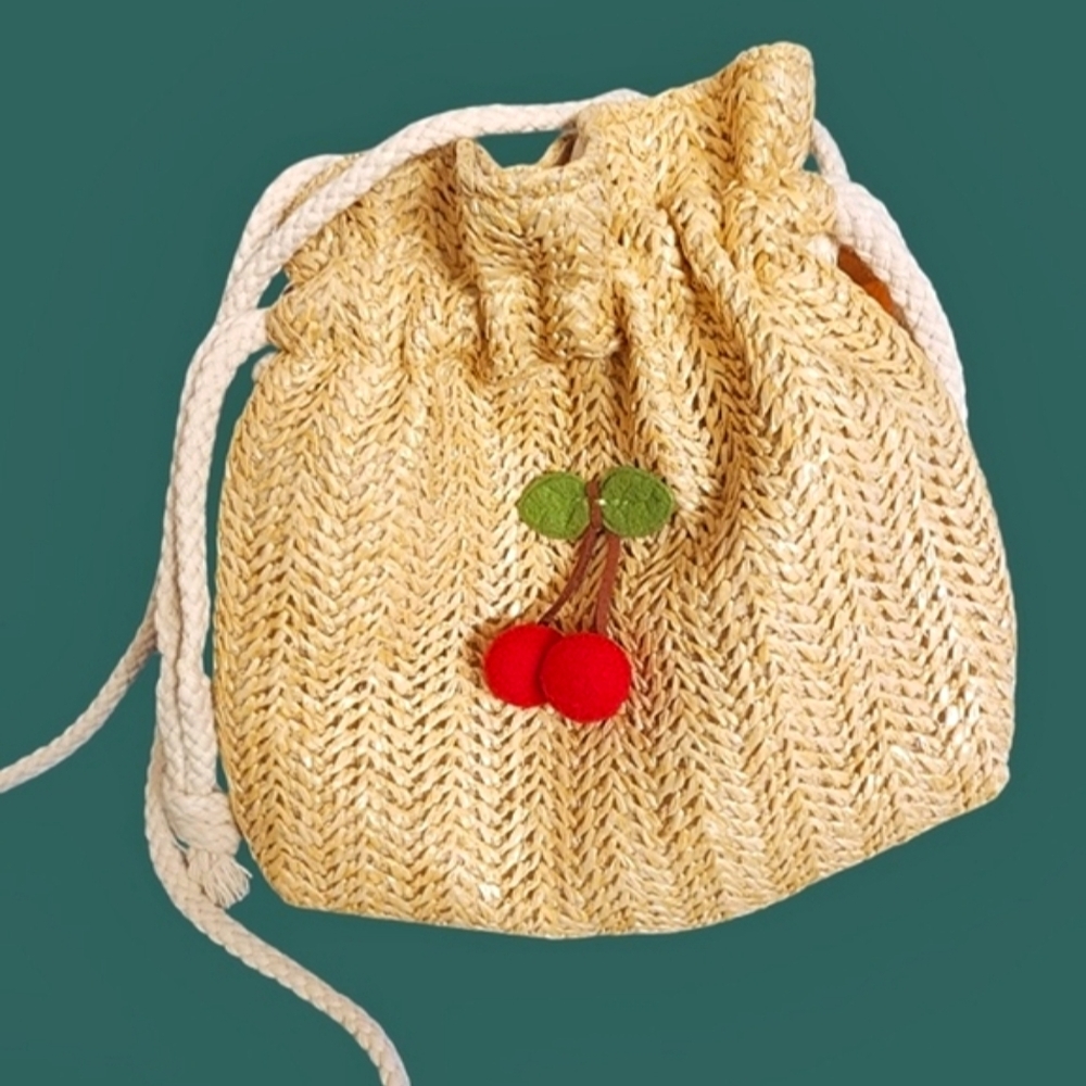 (Free With Any Purchase) Playful Straw Crossbody Bag with Cherry Accent